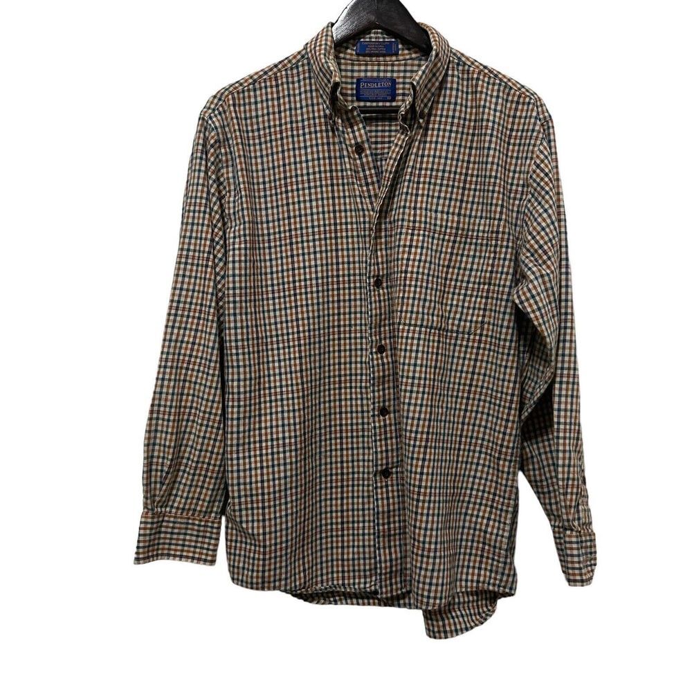 Pendleton Canterbury Cloth Wool Pima Cotton Plaid Flannel Shirt Men's Med Brown